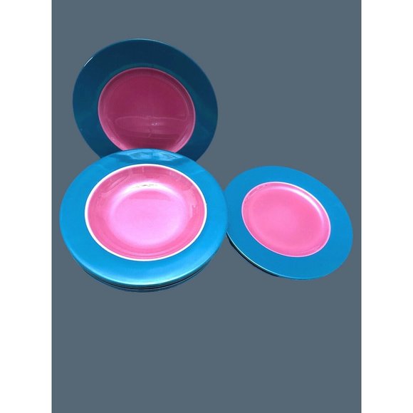 Pagnossin Treviso Ironstone Dark Green & Maroon 4 Pasta Bowls & 3 Salad Plates - Picture 1 of 13